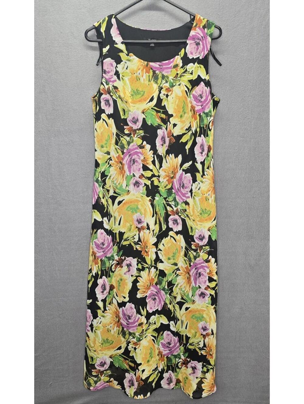 S.L. Fashions Sleeveless Floral Maxi Dress Size 12 Black Yellow DRESS ONLY